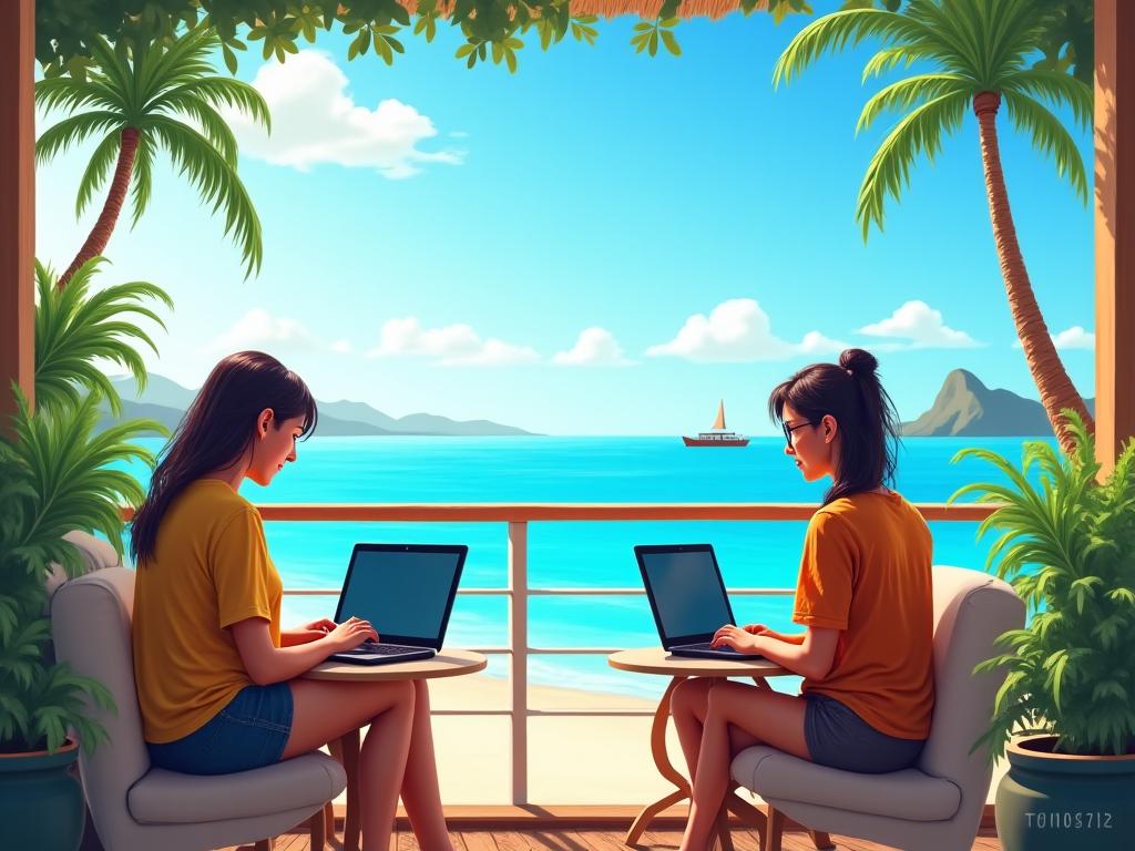 Nómadas digitales trabajando en destino exótico